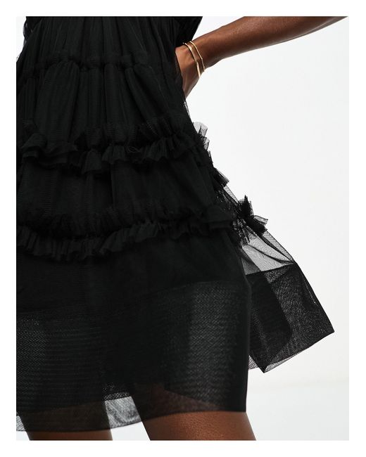 LACE & BEADS Black Tulle Plunge Mini Dress With Tiered Ruffle Detail