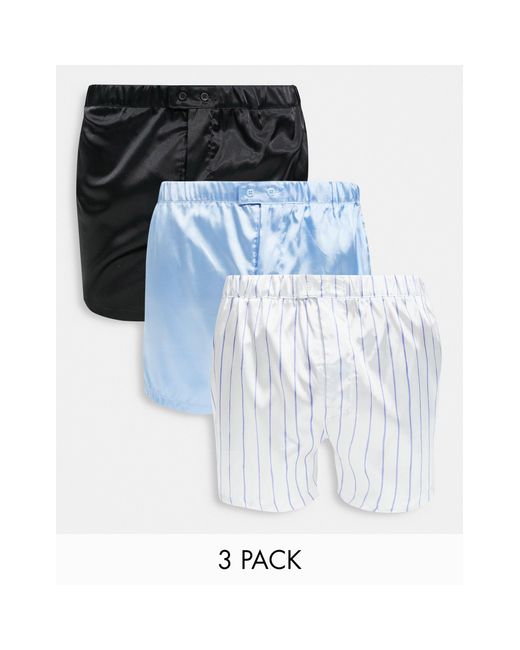 ASOS – 3er-pack boxershorts aus satin mit knopfverschluss in Blue für Herren