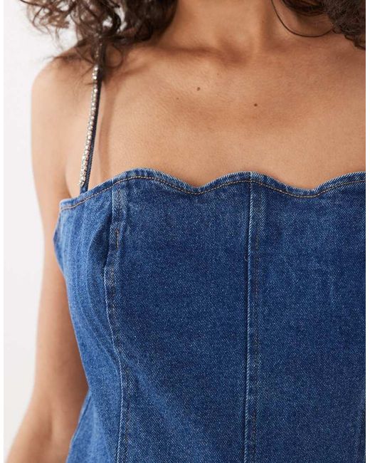 River Island Blue Diamante Scallop Detail Mini Dress