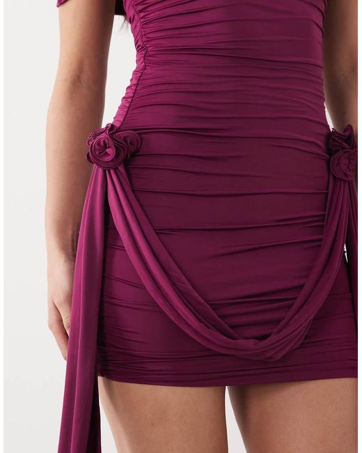 Oh Polly Purple Off Shoulder Rosette Ruched Bodycon Mini Dress With Drape Detail