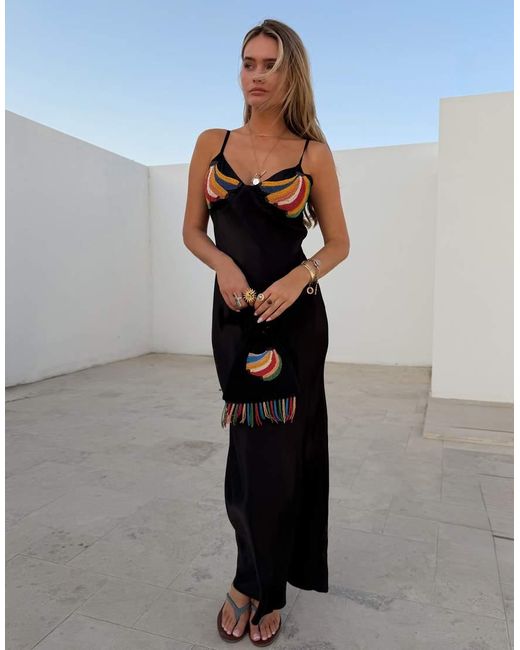 Never Fully Dressed Black Satin Embellished Banana Slip Maxi Dress