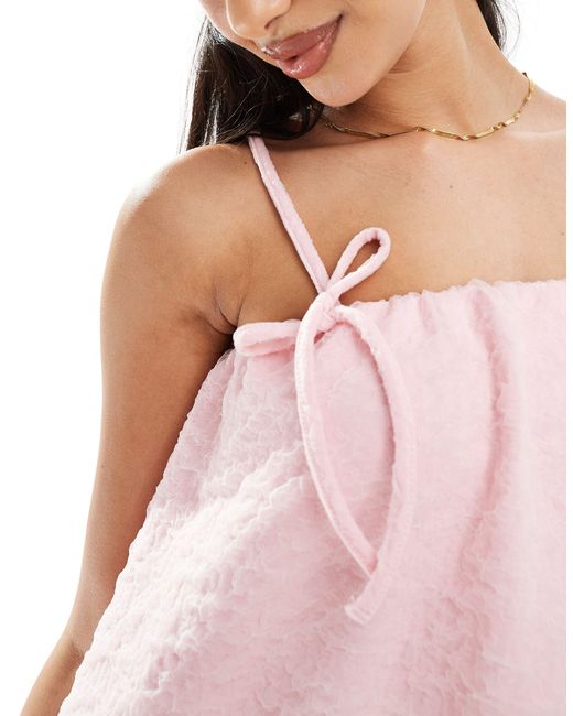 ASOS Pink Textured Bubble Hem Mini Dress With Tie Straps