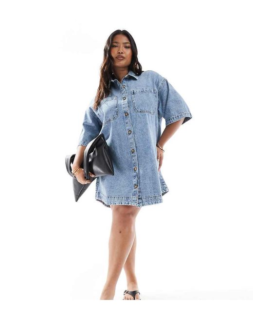 Vestido Camisero Vaquero De Corte Cuadrado Con Lavado Claro De Asos Design Curve-Azul ASOS de color Blue