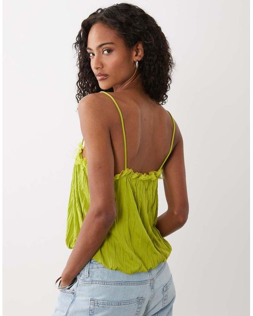 ASOS Green Crinkle Cami With Bubble Hem And Mesh Trim