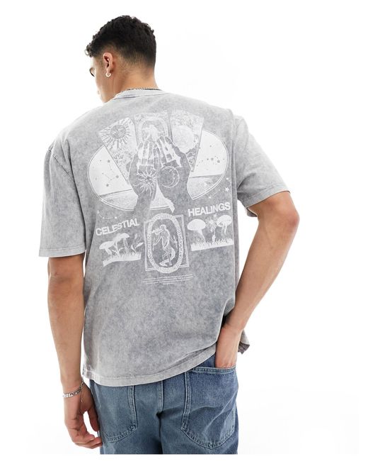 T-shirt oversize slavato con stampa celestiale sul retro di ASOS in Gray da Uomo