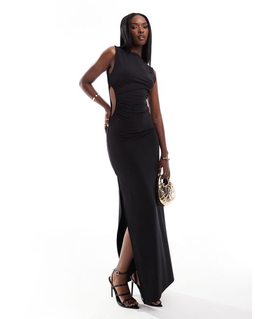 ASOS Black Ruched Slinky Cut Out Maxi Dress