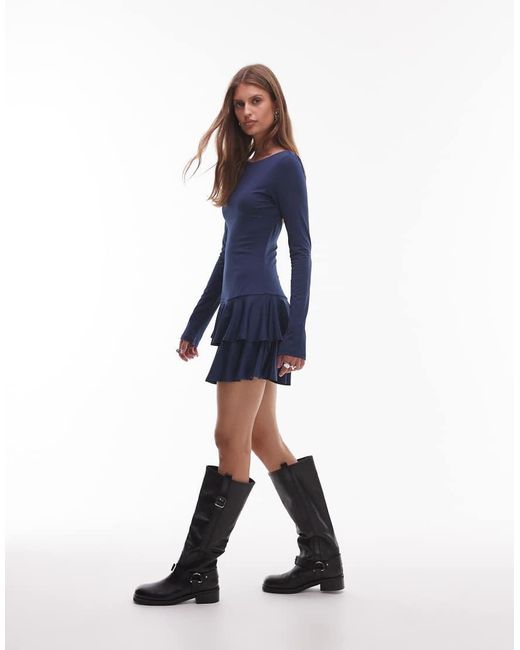 Nia Blue Sienna Boat Neck Long Sleeve Slinky Mini Dress