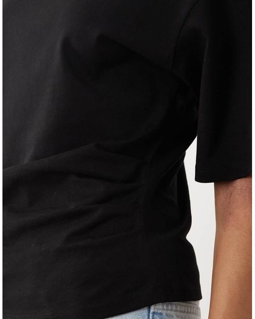 Mango Black 100% Cotton Ruched Side T-shirt