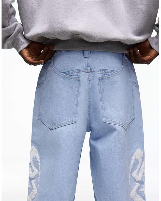 Bershka Blue Printed Super baggy Jeans for men