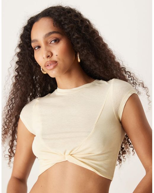 ASOS Natural Knot Front Mesh Short Sleeve Crop Top