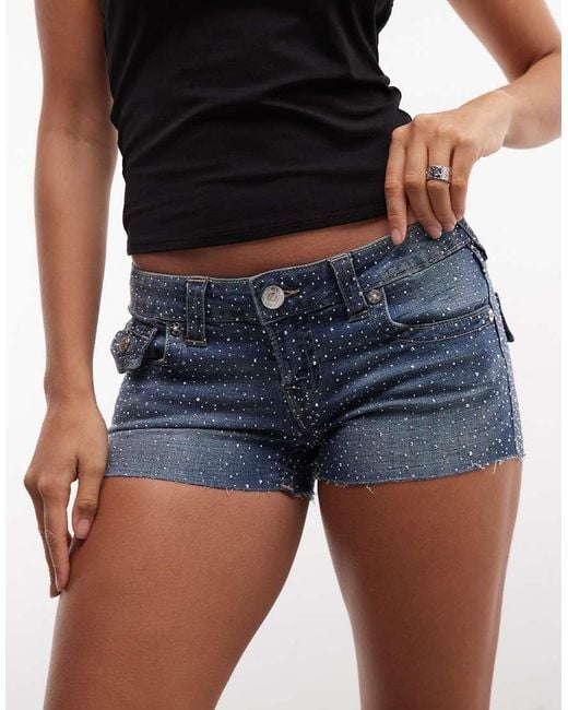 True Religion Blue All Over Crystal Joey Low Rise Flap Pocket Denim Cut Off Shorts