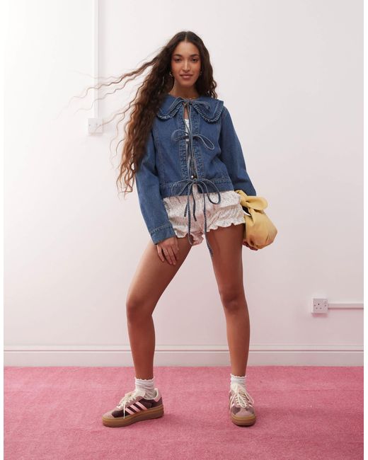Miss Selfridge Blue Tie Front Frill Denim Collar Jacket