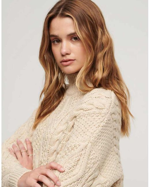 Superdry Natural Aran Cable Knit Polo Jumper
