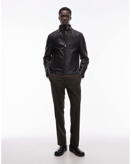 Mango Black Faux Leather Collarless Jacket for men