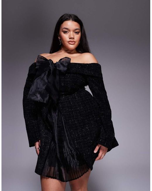 ASOS Black Curve Boucle Bardot Mini Dress With Pleated Skirt And Bow