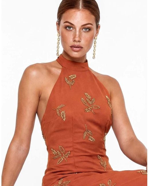 Maya Orange Embellished Halter Neck Open Back Maxi Dress