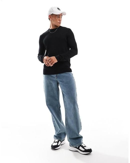 Only & Sons Black Ribbed Crew Neck Viscose Jumper for men