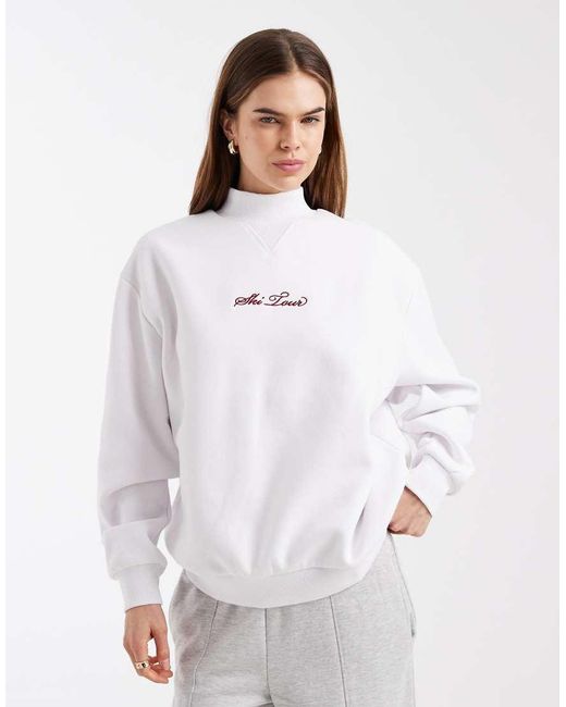 Cotton On White Plush Mock Neck Sweatshirt With Ski Tour Graphic