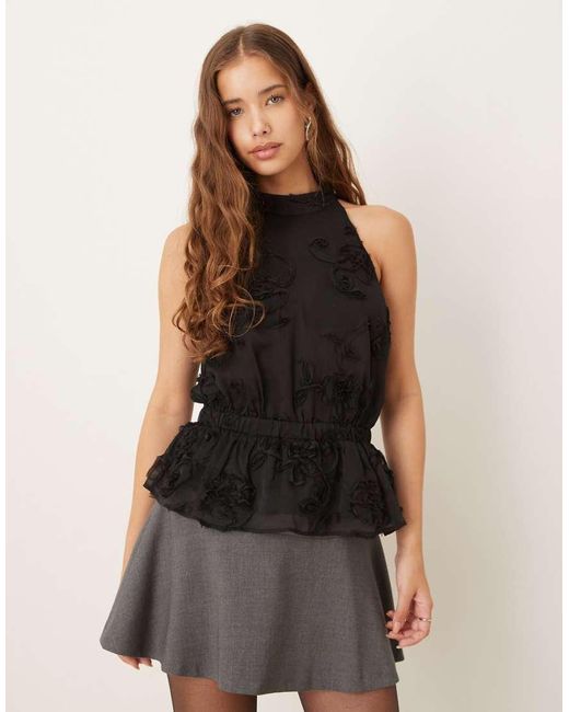 Gina Tricot Black Embroidered Peplum Halterneck Top