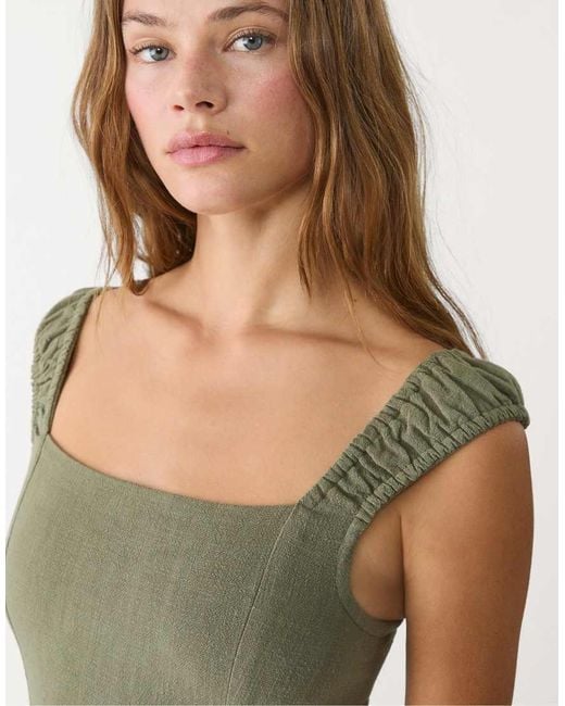 Stradivarius Green Maxi Dress With Crossed Back With Linen