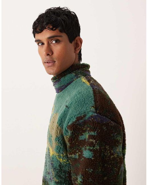 ASOS Green Relaxed Borg Quarter Zip Sweatshirt With Scenic Print for men