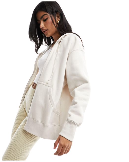 Nike White Mini Swoosh Oversized Fleece Zip Through Hoodie