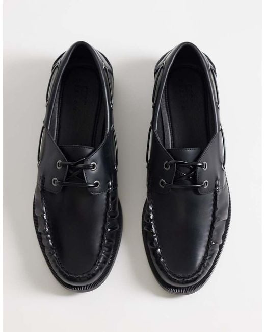 ASOS Black Lace Up Boat Shoes With Ruching for men