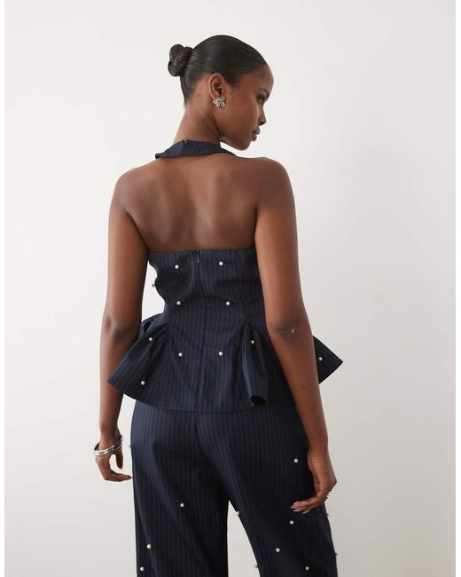 ASOS Blue Peplum Corset Top With Faux Pearls