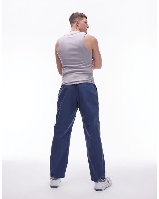 Topman Blue Smart Compact Cotton Wide Leg Trouser for men