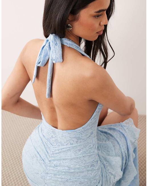 Murci Blue Lace Halterneck Plunge Tiered Ruffle Skirt Maxi Dress