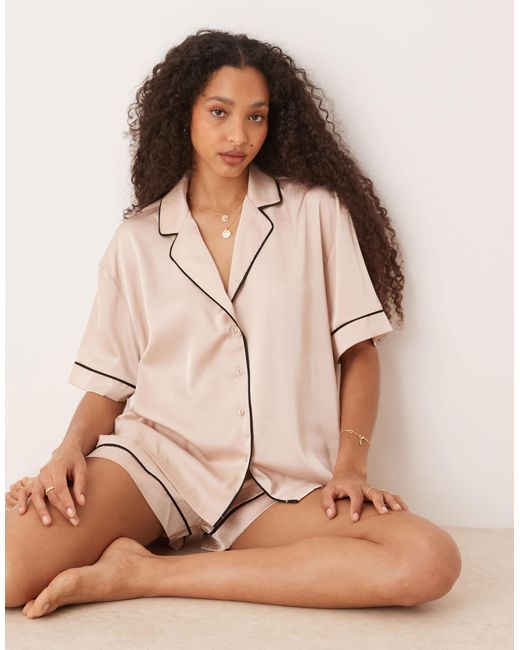 ASOS Natural Satin Short Sleeve Shirt &short Pyjama Set