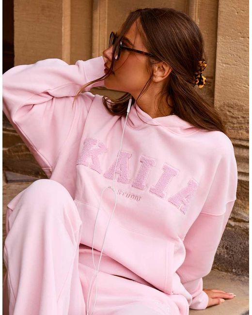 Kaiia Pink Cotton Rich Embroidered Logo Oversized Hoodie