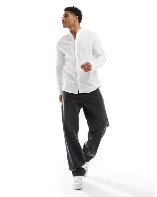 ASOS White Regular Smart Linen Shirt With Mandarin Collar for men