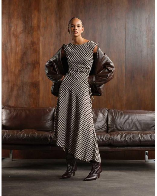 & Other Stories Brown Asymmetric Side Tie Midi Dress