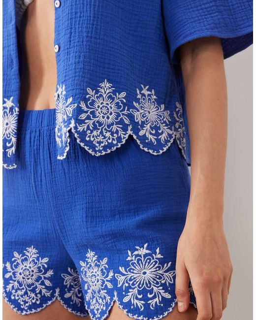 New Look Blue Co-ord Embroidered Crop Beach Shirt