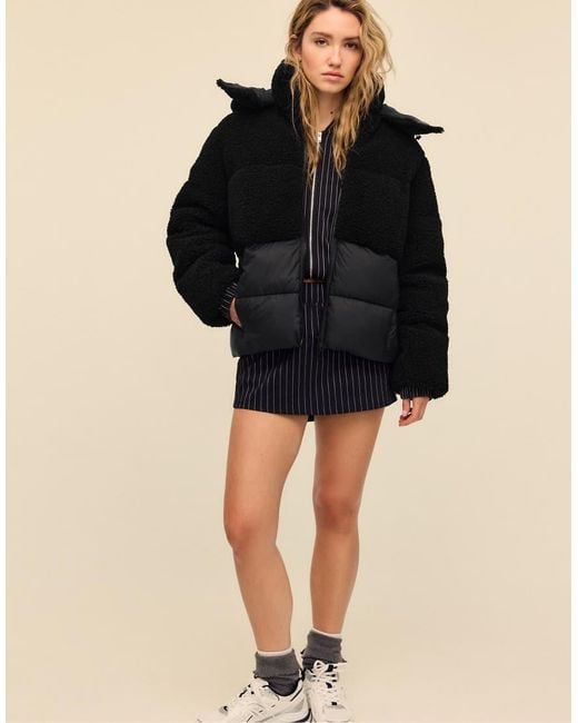 Stradivarius Black Combined Padded Coat With Faux Sheepskin Effect