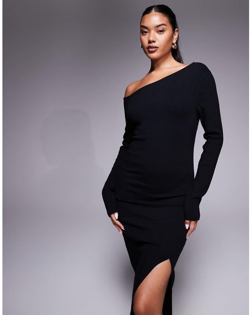 ASOS Blue Ribbed Fallen Shoulder Split Front Maxi Dress