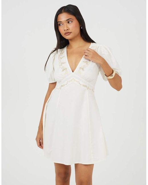 Brave Soul White Puff Sleeve Mini Dress With Floral Embroidery