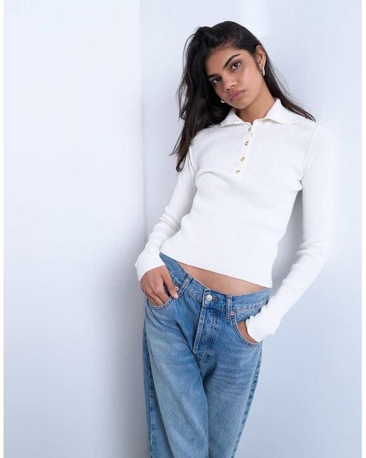 TOPSHOP White Knitted Rib Collar Polo