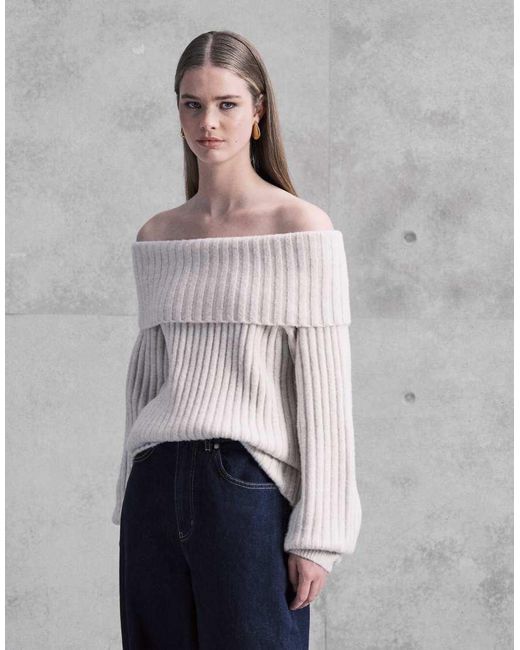 Monki Gray Oversized Bardot Knitted Jumper
