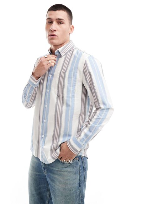 Farah Blue Large Stripe Long Sleeve Shirt for men