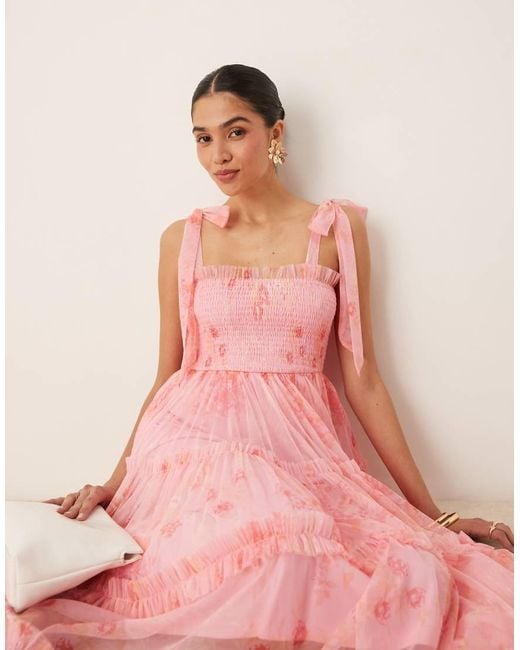 LACE & BEADS Pink Bow Shoulder Shirred Ruffle Midi Dress