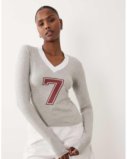 The Frolic Gray Exclusive Cotton Rich V Neck Contrast Trim Varsity Number Graphic Long Sleeve Top