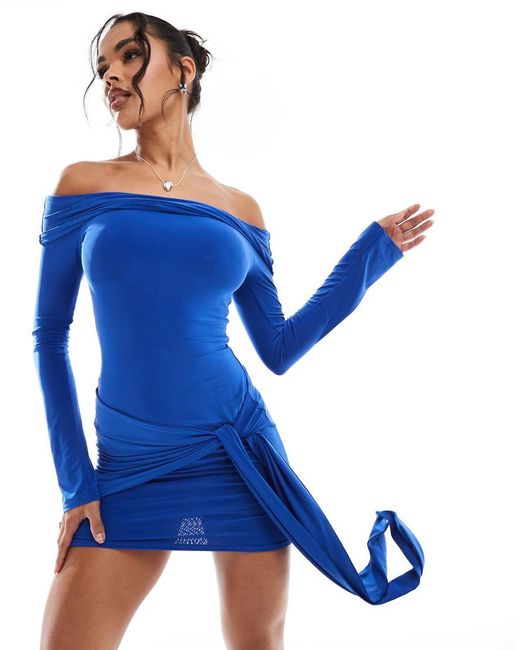 Kaiia Blue Exclusive Slinky Bardot Tie Side Drape Detail Mini Dress