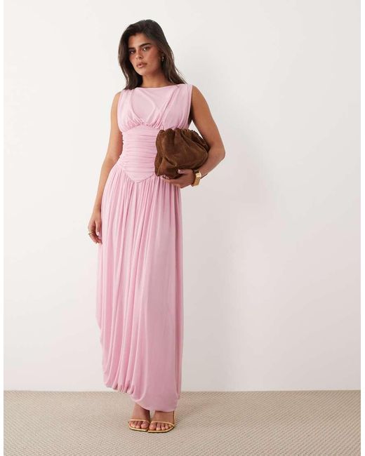 ASOS Pink Mesh Slash Neck Asymmetric Bubble Hem Maxi Dress