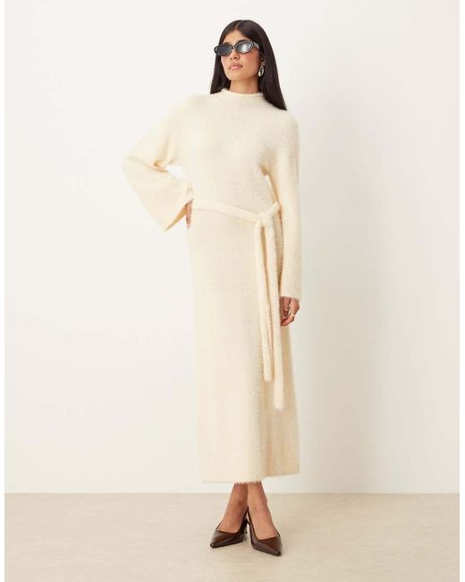 Pretty Lavish Natural Fluffy Tie Waist Knitted Midaxi Jumper Dress