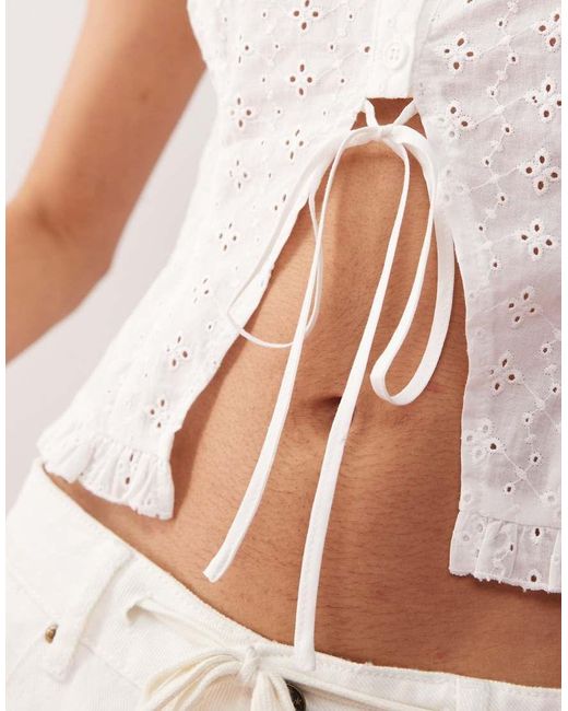Lioness White Broderie Puff Sleeve Button Down Tie Detail Cropped Top