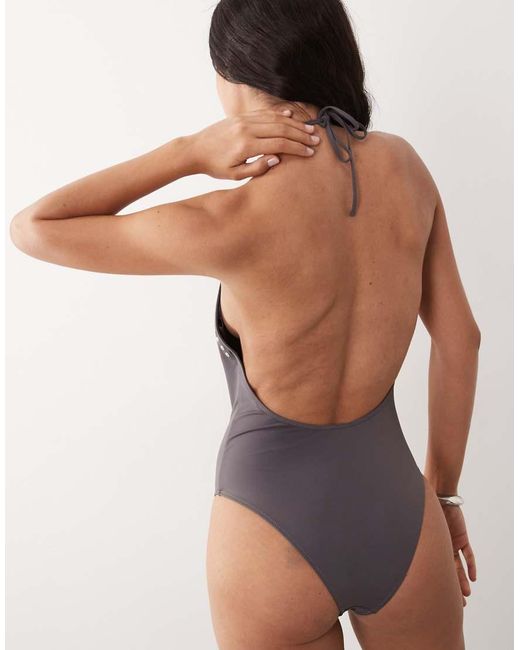 Mango Purple Plunge Neck Studded Trim Swim Suite