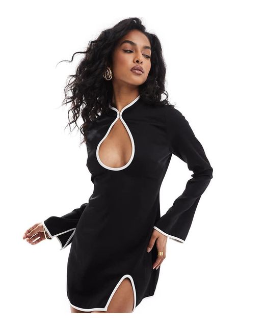 The Frolic Black Exclusive High Neck Keyhole Contrast Trim Mini Dress