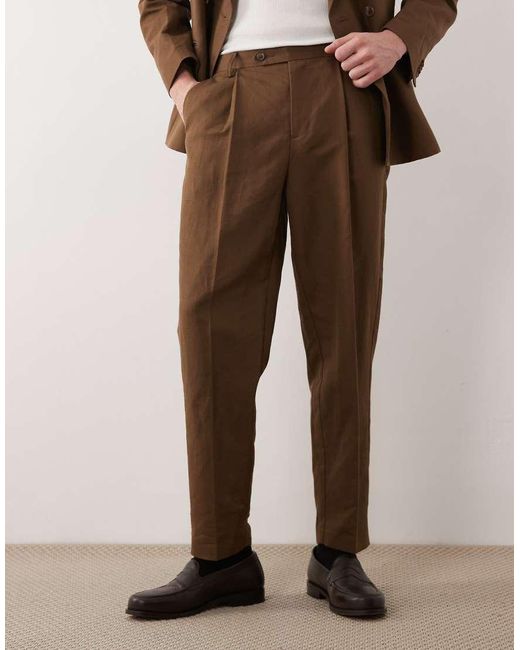 ASOS Natural Relaxed Tapered Linen Rich Suit Trousers for men